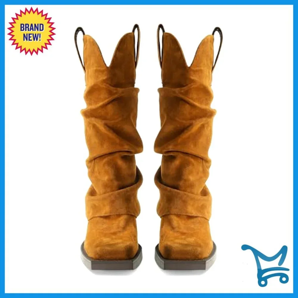 Faux Suede Fold Over Boots Square Toe Chunky Heel Mid Calf Western - Picture 5 of 7